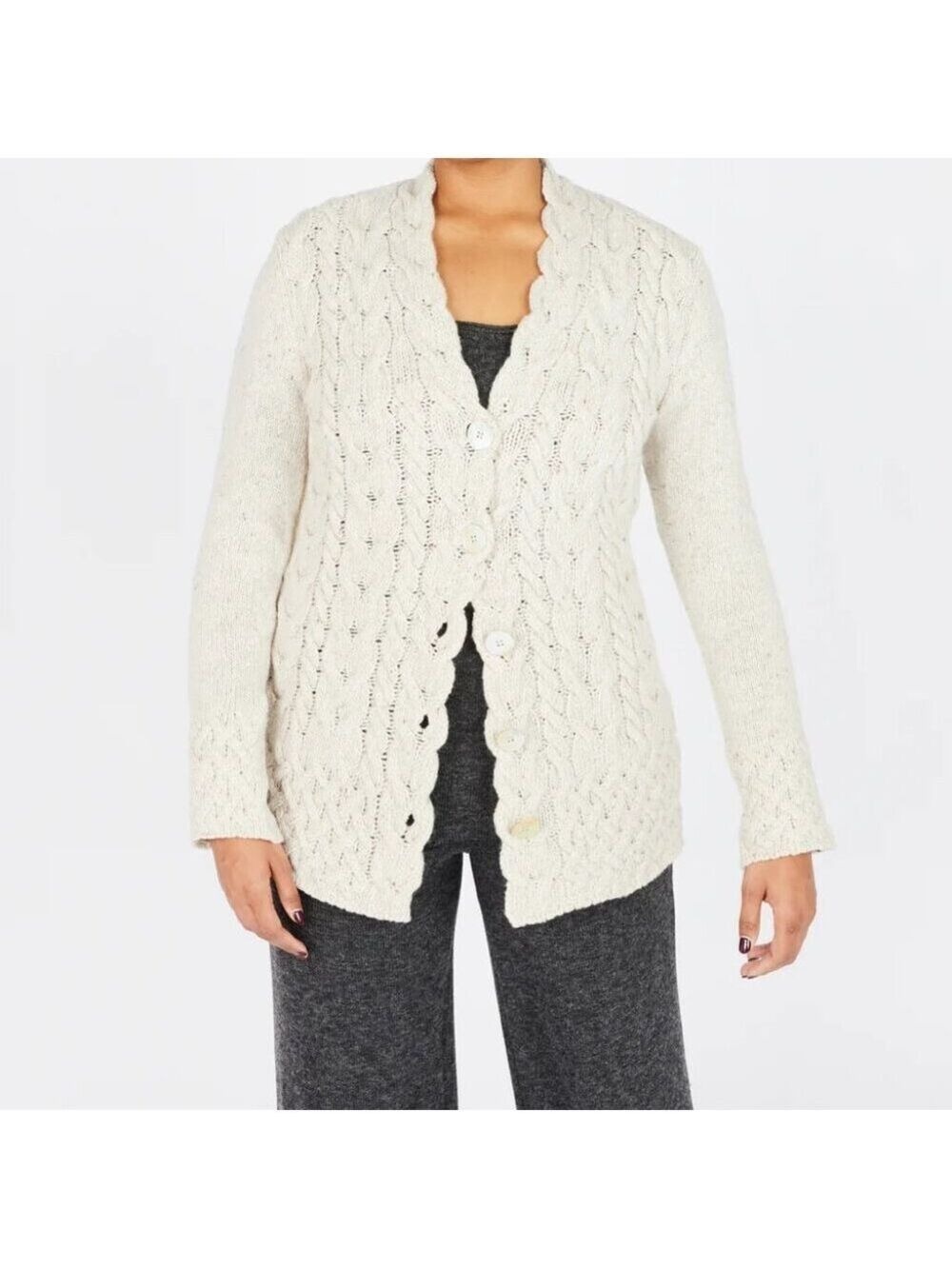 IrelandsEye Wool Cashmere Horseshoe Cable Cardigan M